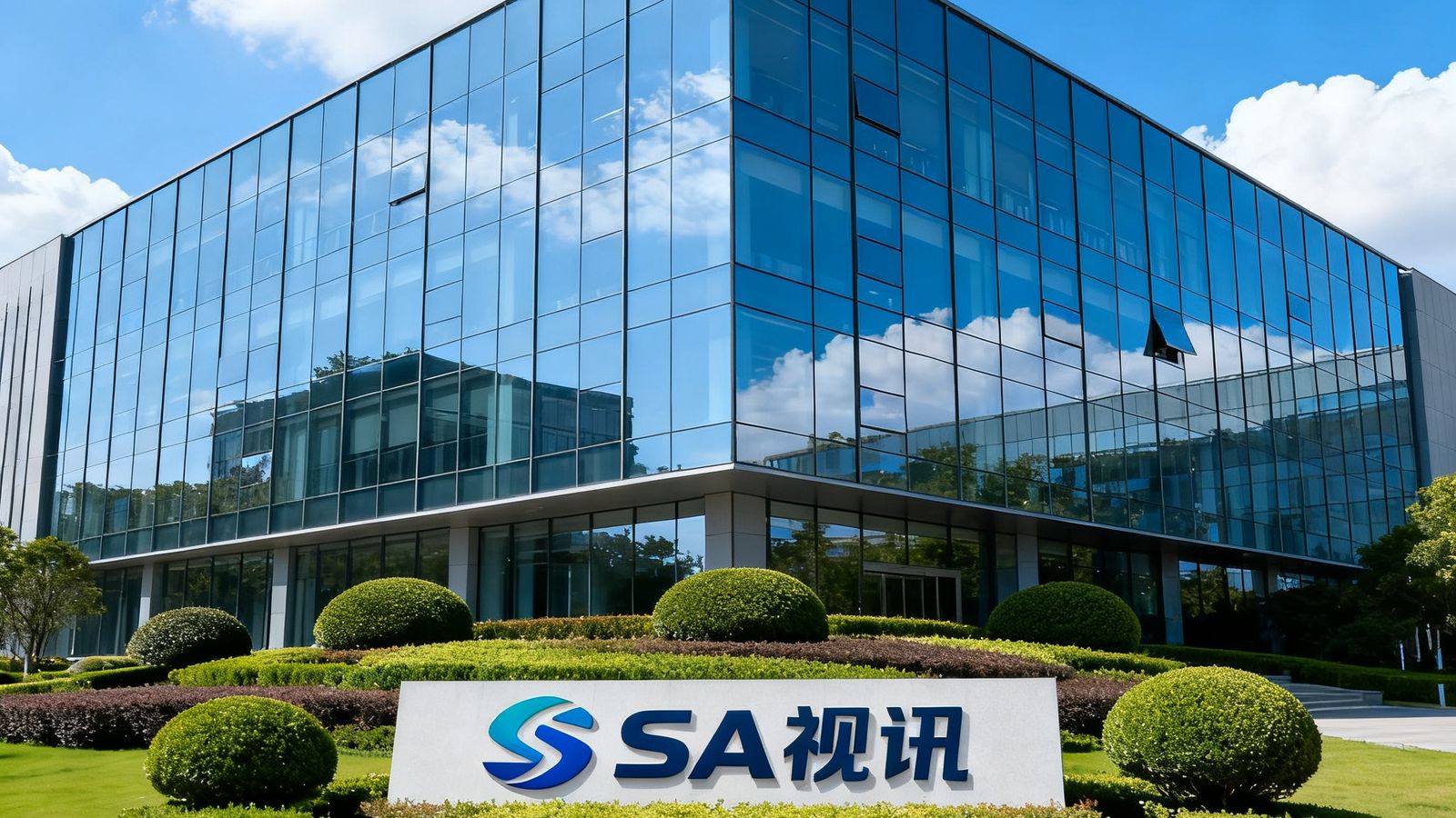 SA视讯公司总部办公大楼外景，现代简约建筑风格，楼体采用玻璃幕墙设计，前方有企业标识和精心修剪的绿化景观，蓝天白云映衬下显得庄重而富有科技感