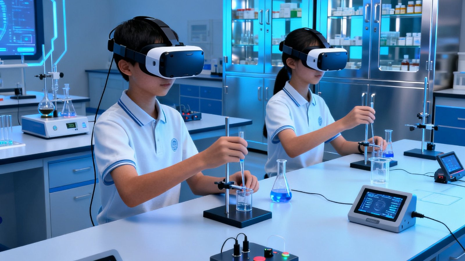 学生在虚拟仿真实验室中佩戴VR头显设备进行化学实验模拟操作,实验台上摆放着配套的传感器设备和数据采集终端,背景可见实验药品柜