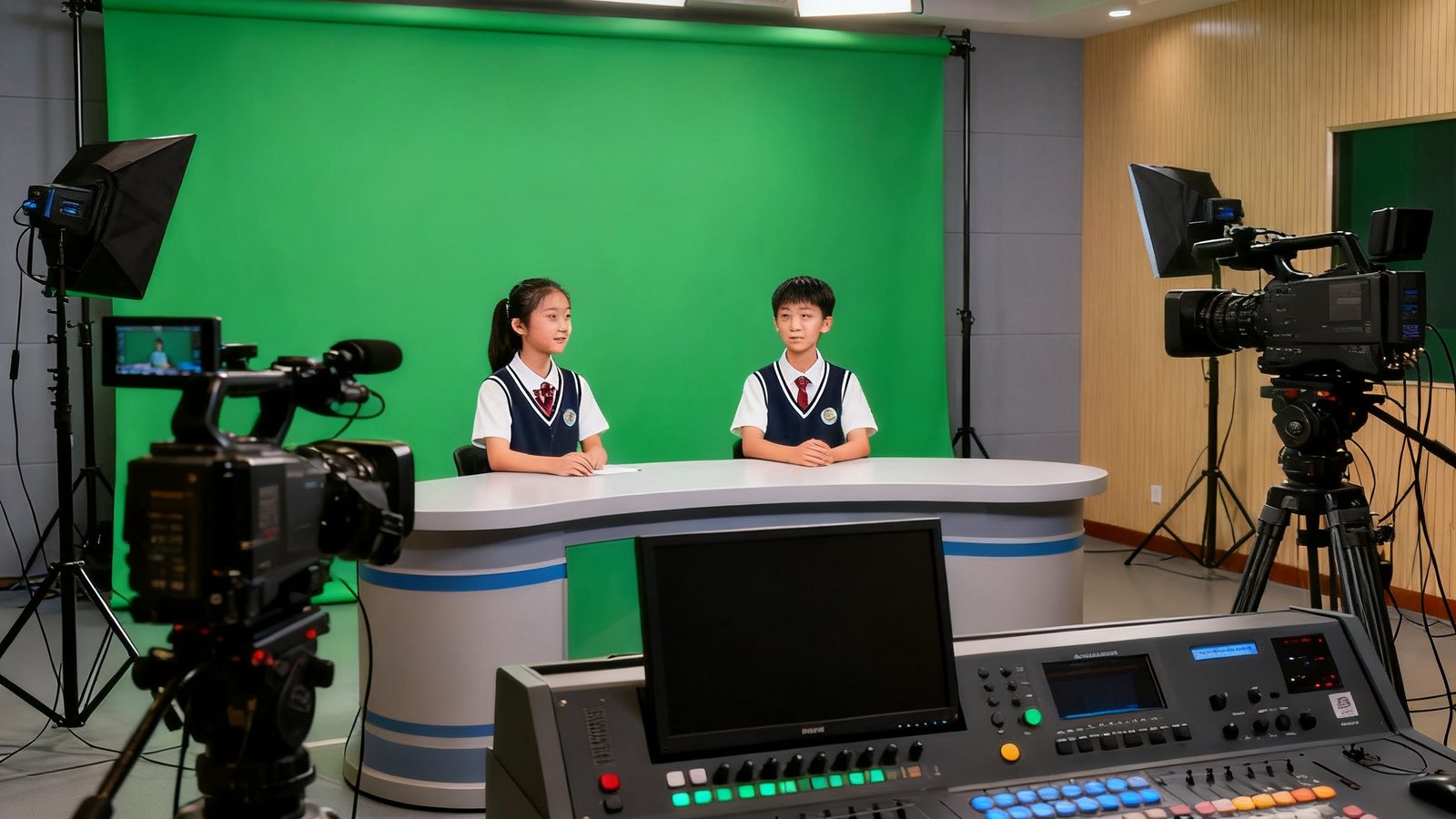 校园电视台演播室场景,配备专业级摄录设备、虚拟演播区绿幕背景、导播控制台,两名学生主持人正面对镜头进行节目录制