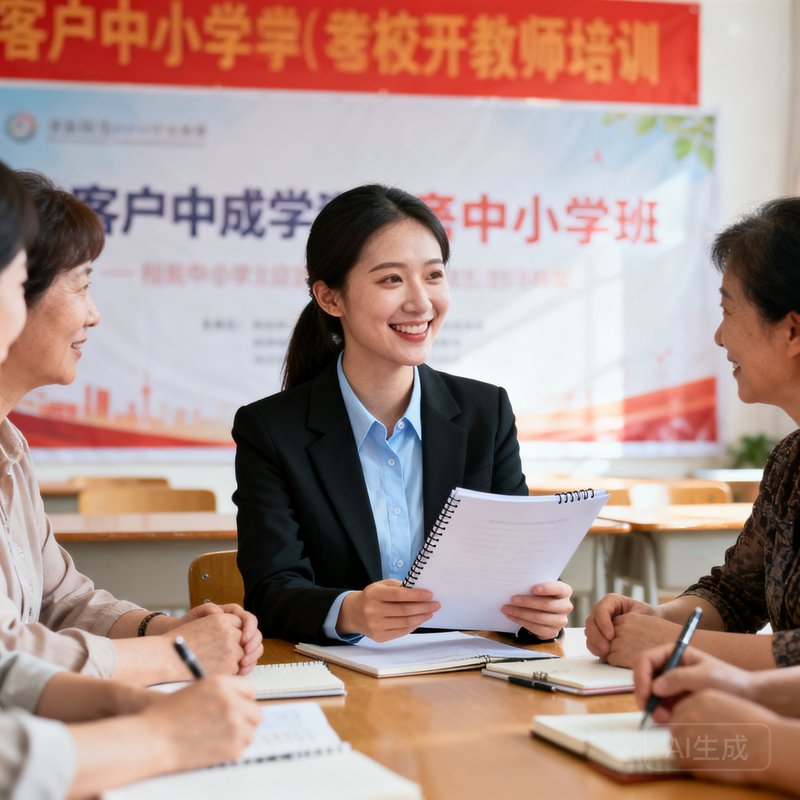 一位年轻女性客户成功经理，穿着得体职业装，在教师培训现场与几位中小学老师围坐交流，面带亲切微笑，手拿培训资料